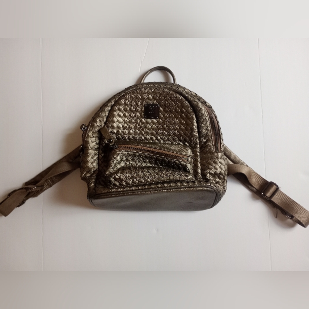 MCM Munchen Gold/ Green Metalic Woven Backpack With Studs